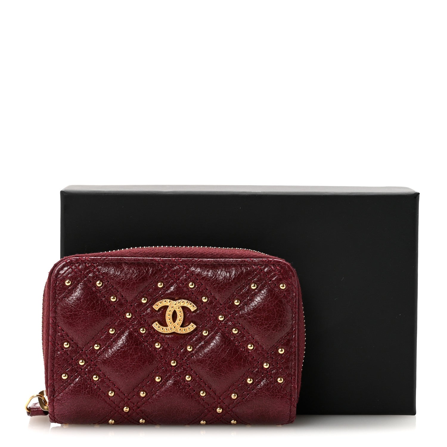 Lambskin Studded Quilted Compact Zip Around Wallet Burgundy