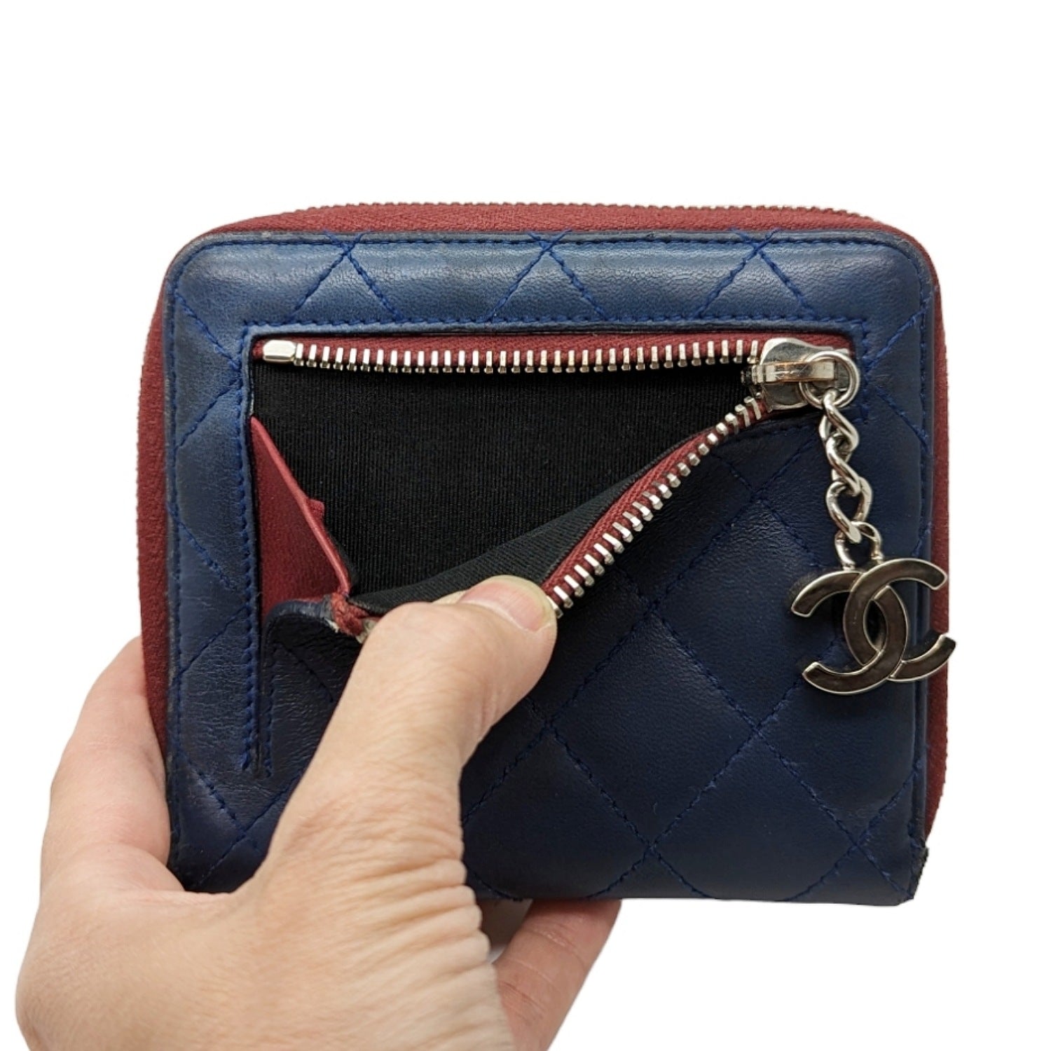 Chanel bags Blue Bicolor Quilted Maroon Trim Compact Zip Around Wallet