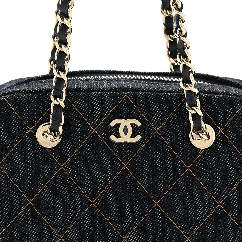Chanel Denim Quilted Clutch With Chain Dark Blue Orange