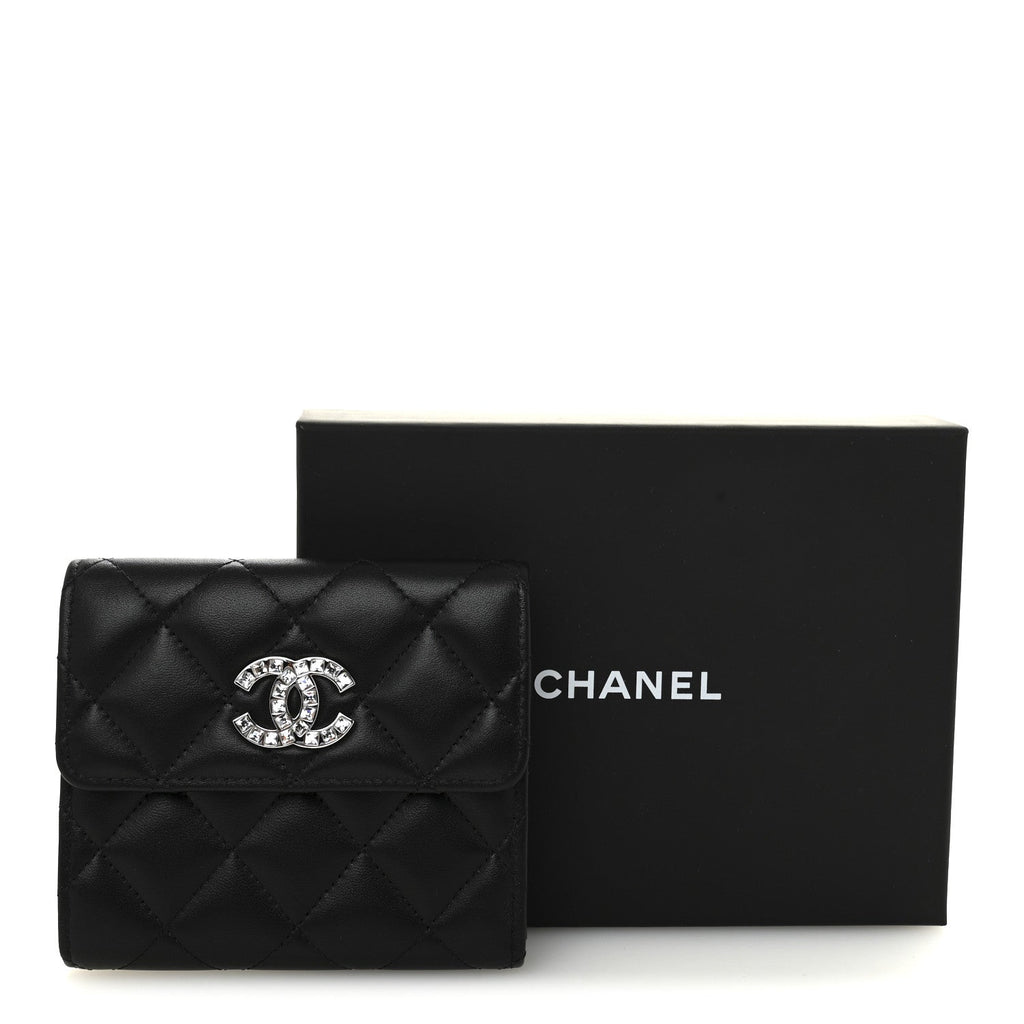 Lambskin Quilted Baguette Crystal Small Compact Wallet Black