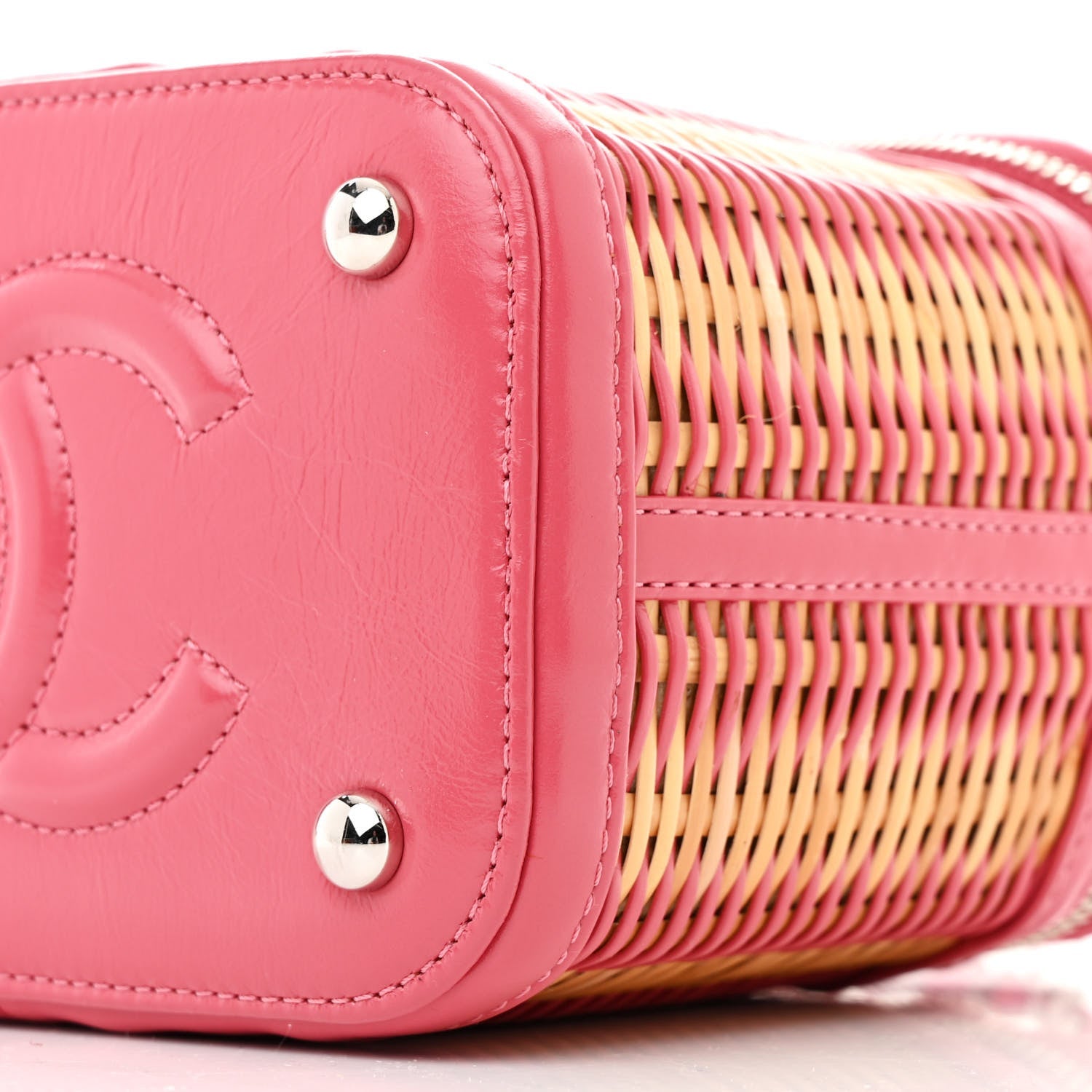 Chanel Calfskin Raffia Small Take Away Vanity Case Bag Pink Beige