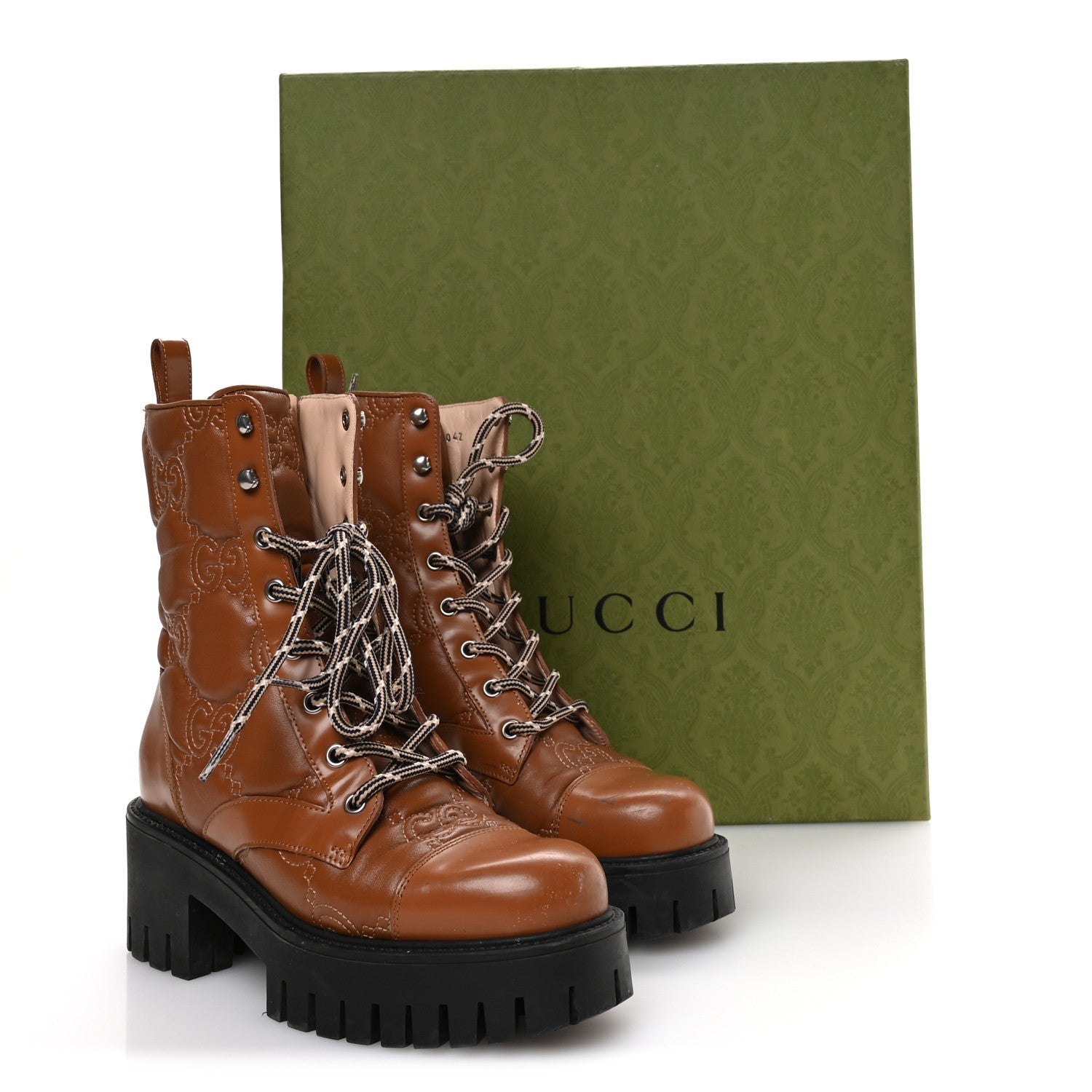 Gucci Cordovan Lux Nappa GG Matelasse Lace Up 60mm Combat Boots 36 Dark Hazel Brown