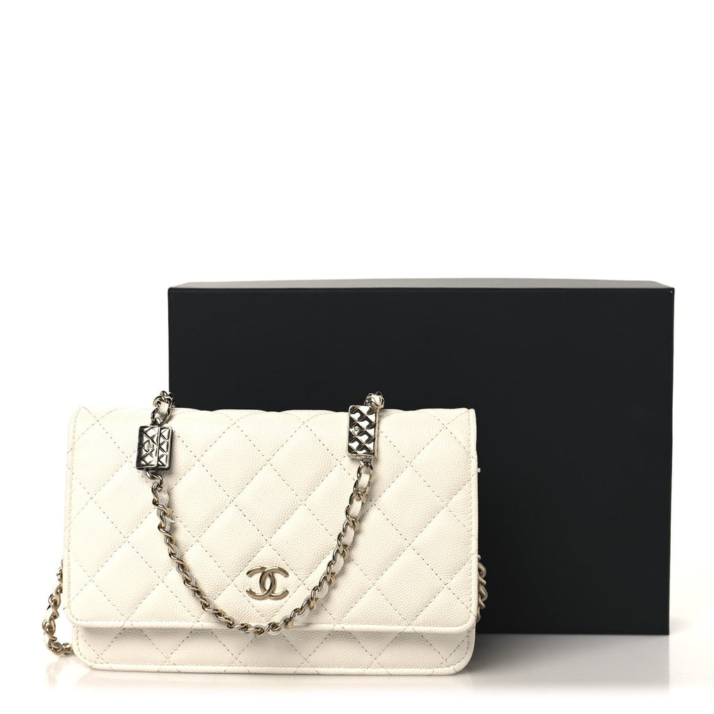 Chanel Shiny Caviar Quilted Flap Charm Wallet On Chain WOC White