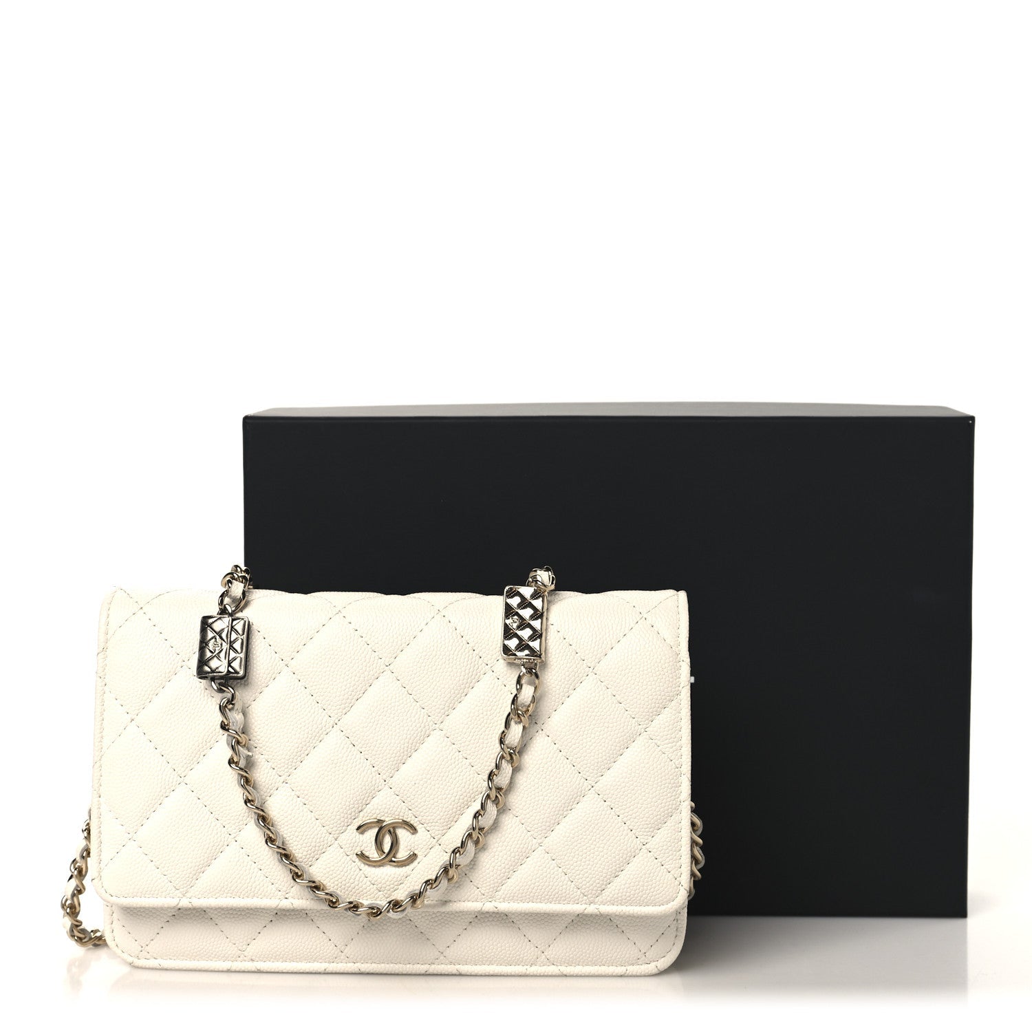 Chanel Shiny Caviar Quilted Flap Charm Wallet On Chain WOC White