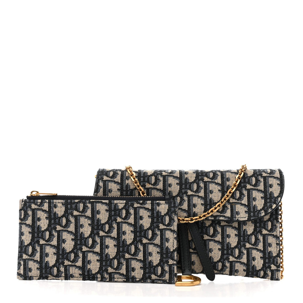 Christian Dior Oblique Saddle Chain Long Wallet Blue