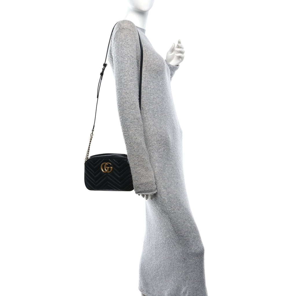 Gucci Calfskin Matelasse Small GG Marmont Chain Shoulder Bag Black