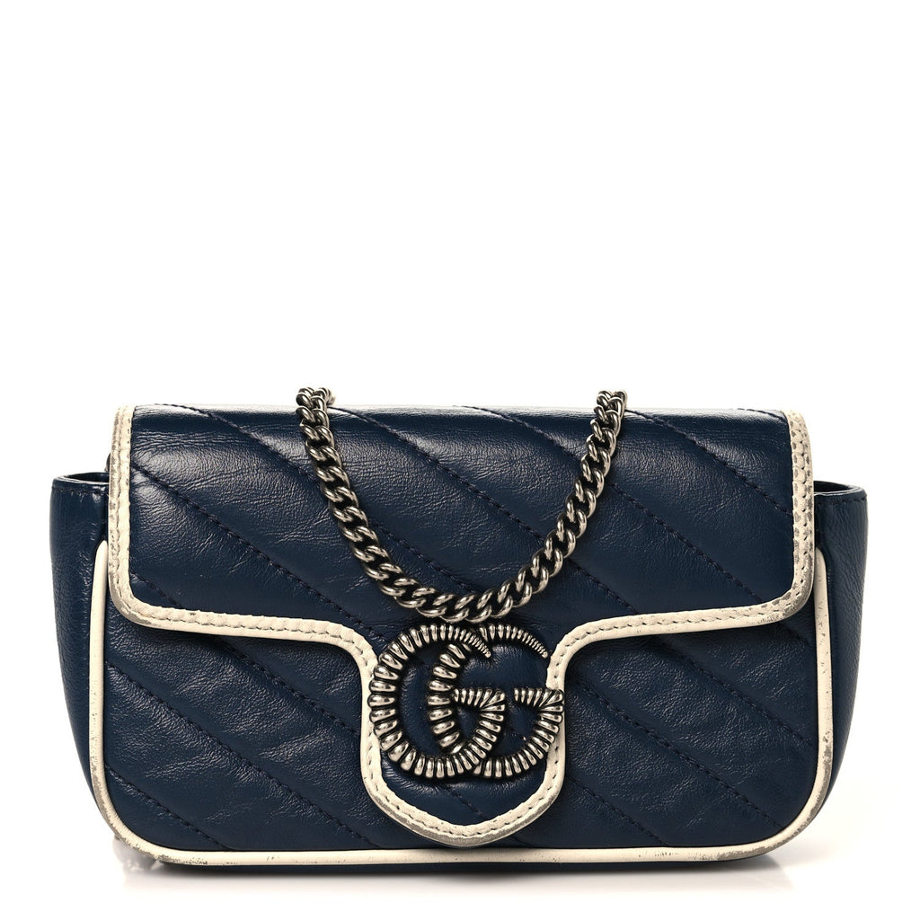 Gucci Vintage Effect Calfskin Matelasse Diagonal Super Mini Torchon GG Marmont Shoulder Bag Blue Agata Mystic White