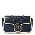 Gucci Vintage Effect Calfskin Matelasse Diagonal Super Mini Torchon GG Marmont Shoulder Bag Blue Agata Mystic White