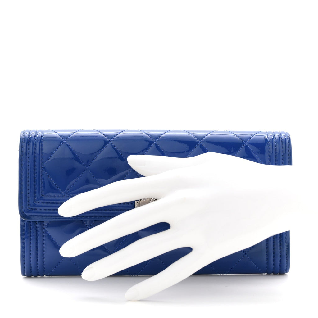 Patent Calfskin Quilted Boy Large Gusset Flap Wallet Blue