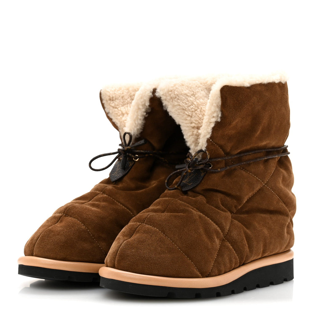 Louis Vuitton Suede Shearling Quilted Flat Ankle Boot 38 Beige