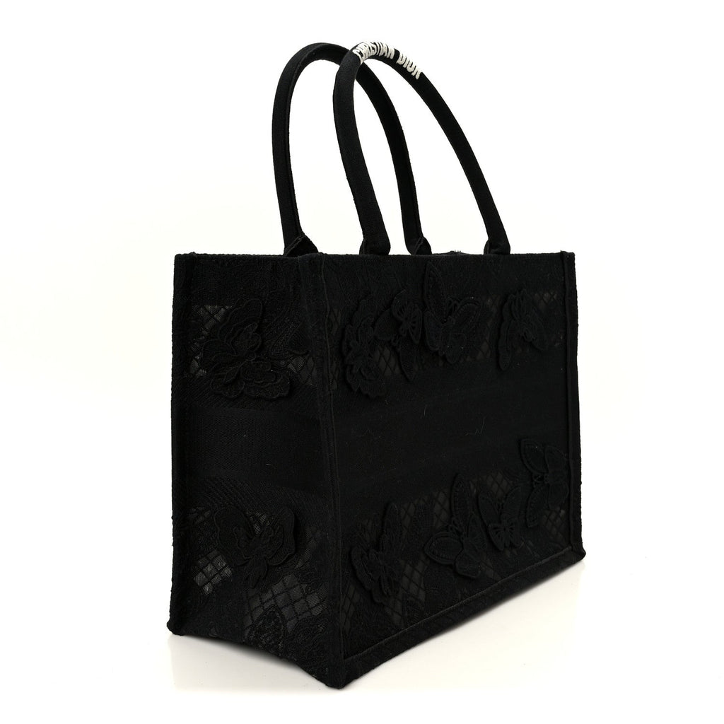 Christian Dior Embroidered 3D Macrame D-Lace Butterfly Medium Book Tote Black Multicolor