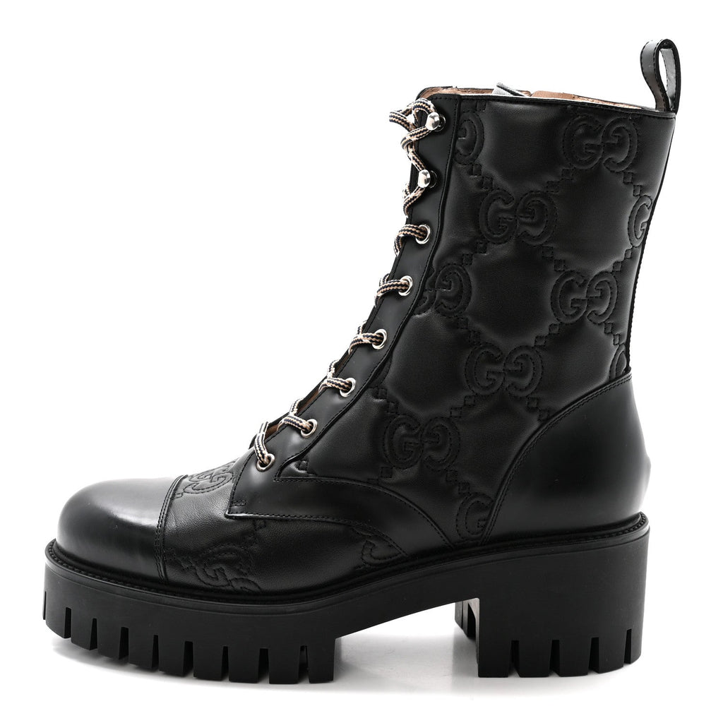 Gucci Cordovan Lux Nappa GG Matelasse Lace Up 60mm Combat Boots 40 Black