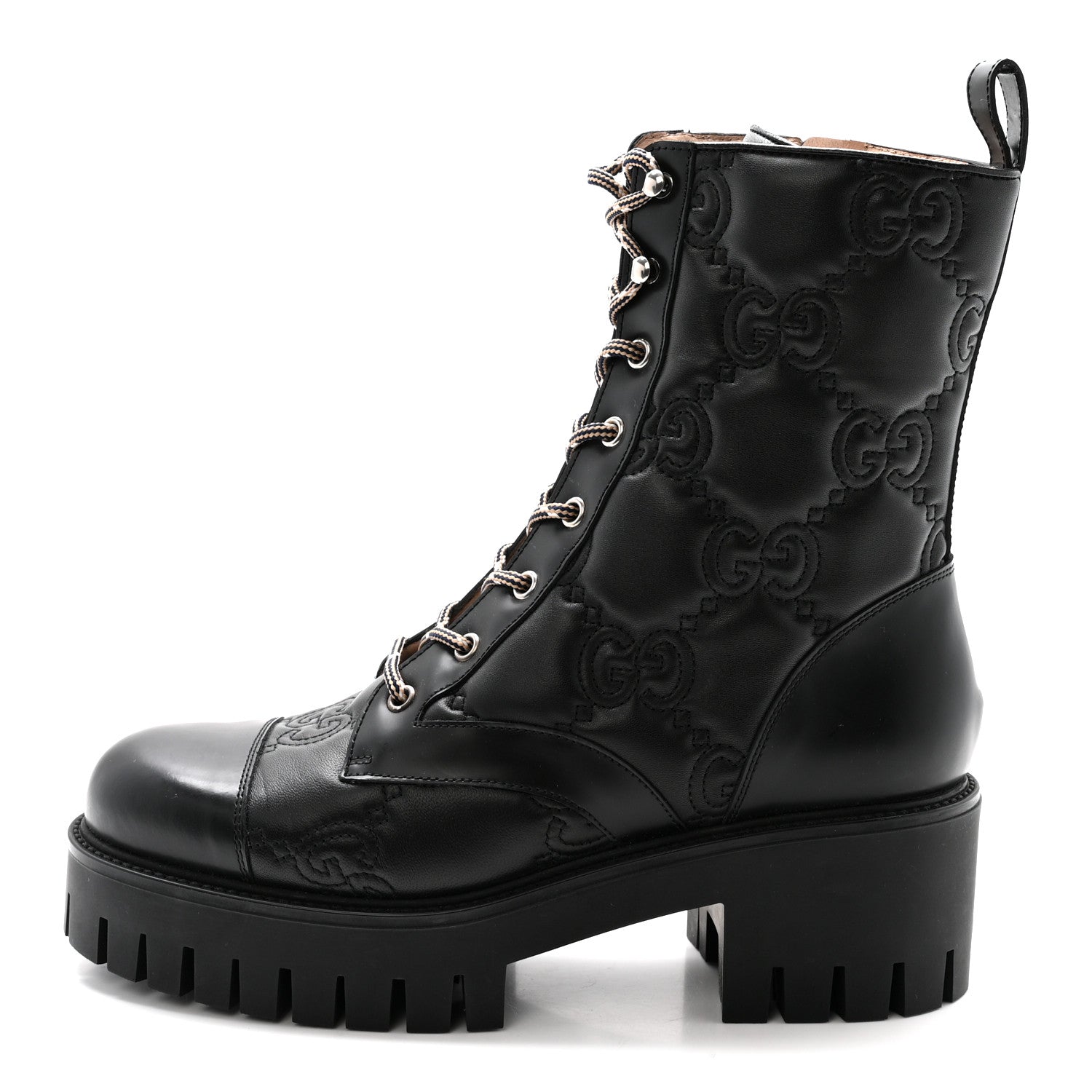 Gucci Cordovan Lux Nappa GG Matelasse Lace Up 60mm Combat Boots 40 Black
