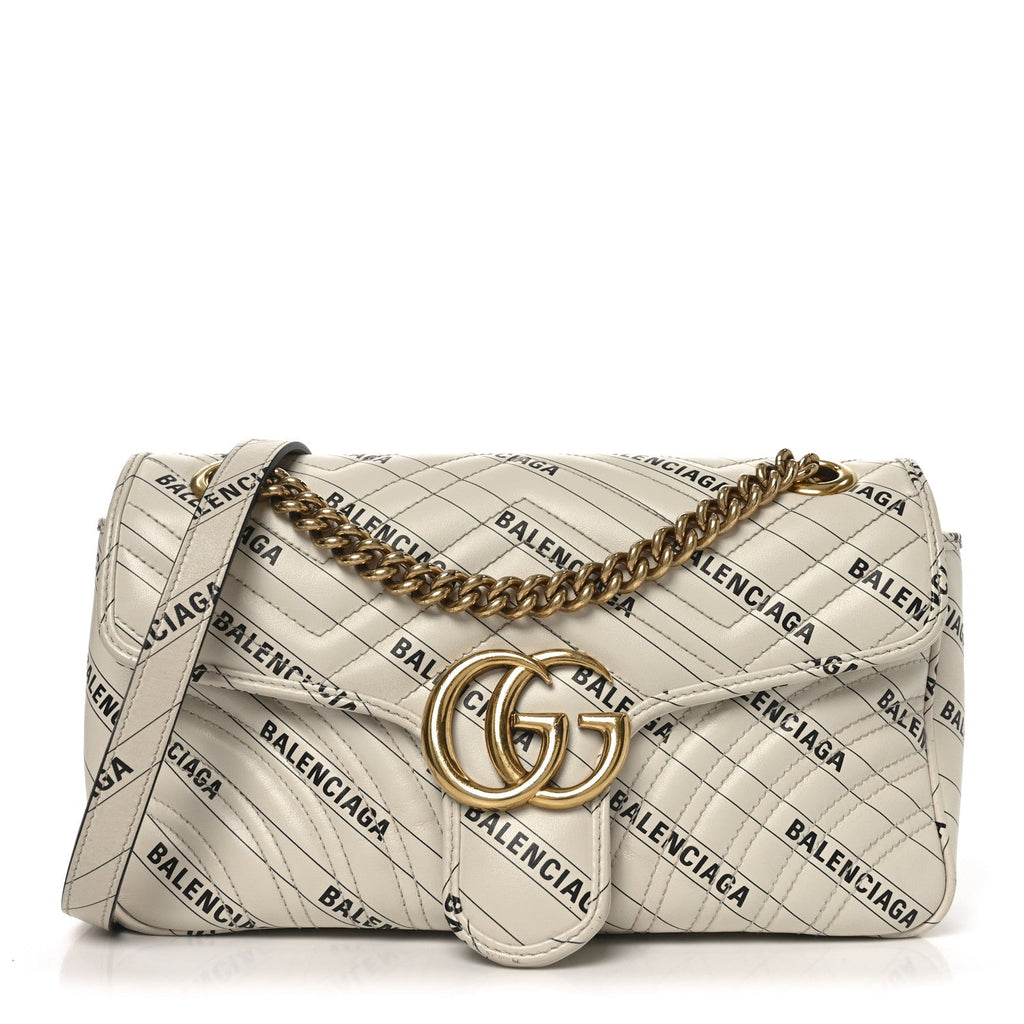 Gucci X BALENCIAGA Calfskin Matelasse Logo Print Small GG Marmont Shoulder Bag White