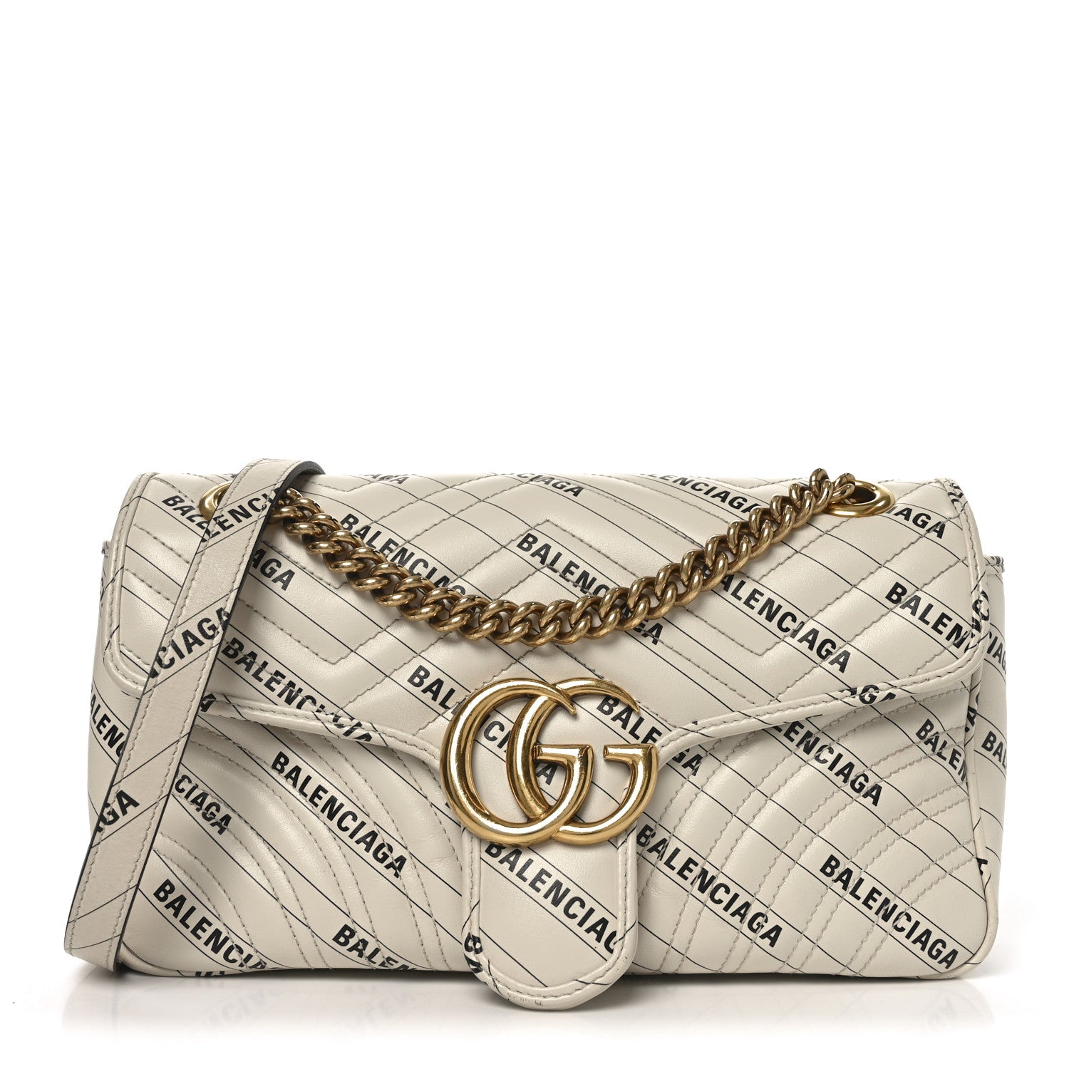 Gucci X BALENCIAGA Calfskin Matelasse Logo Print Small GG Marmont Shoulder Bag White