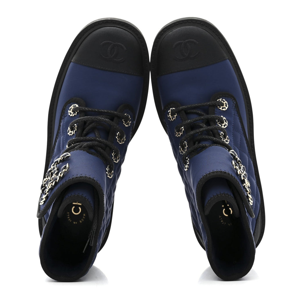 Fabric Grosgrain Quilted Cap Toe Lace Up Combat Boots 36.5 Navy Black
