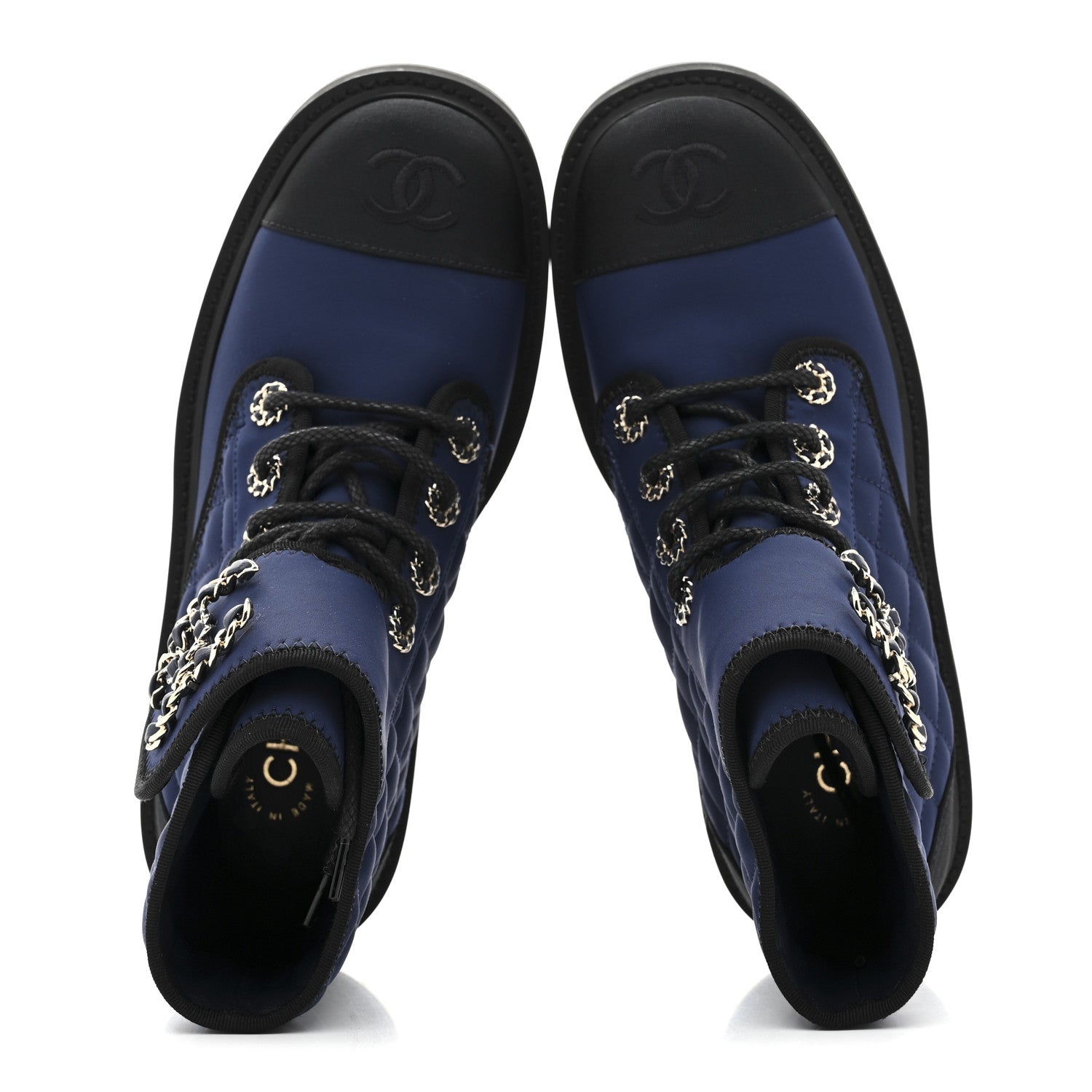 Fabric Grosgrain Quilted Cap Toe Lace Up Combat Boots 36.5 Navy Black