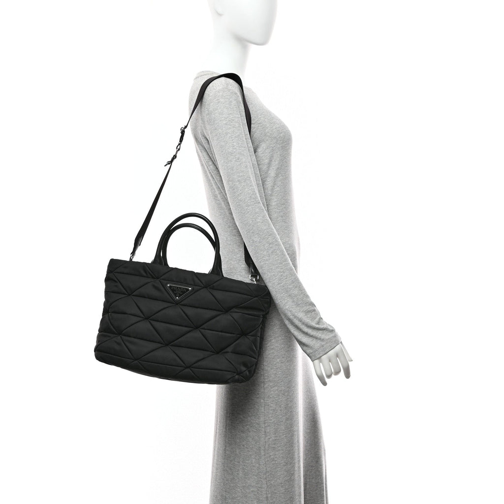 Prada Re-Nylon Nappa Triangle Quilted Padded Medium Double Handled Zip Tote Black