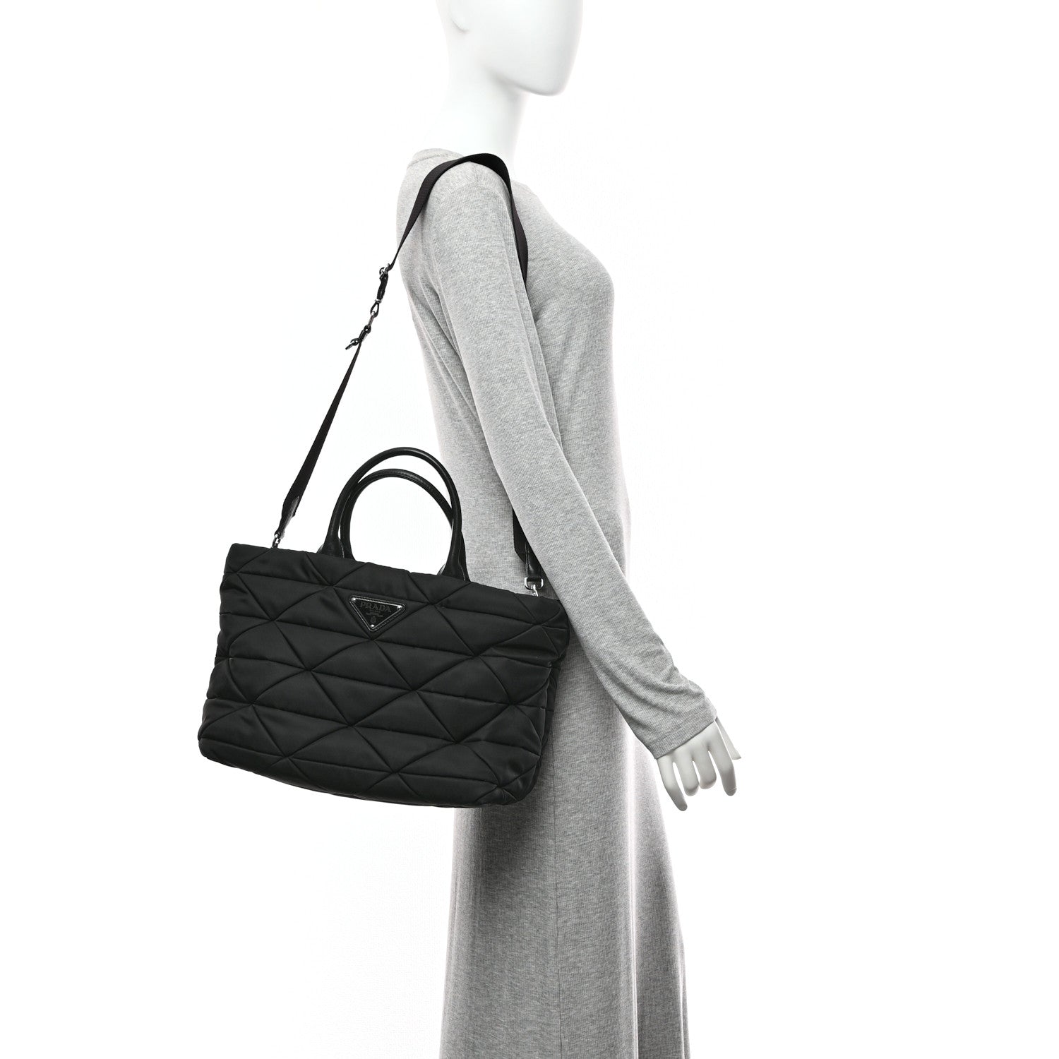 Prada Re-Nylon Nappa Triangle Quilted Padded Medium Double Handled Zip Tote Black