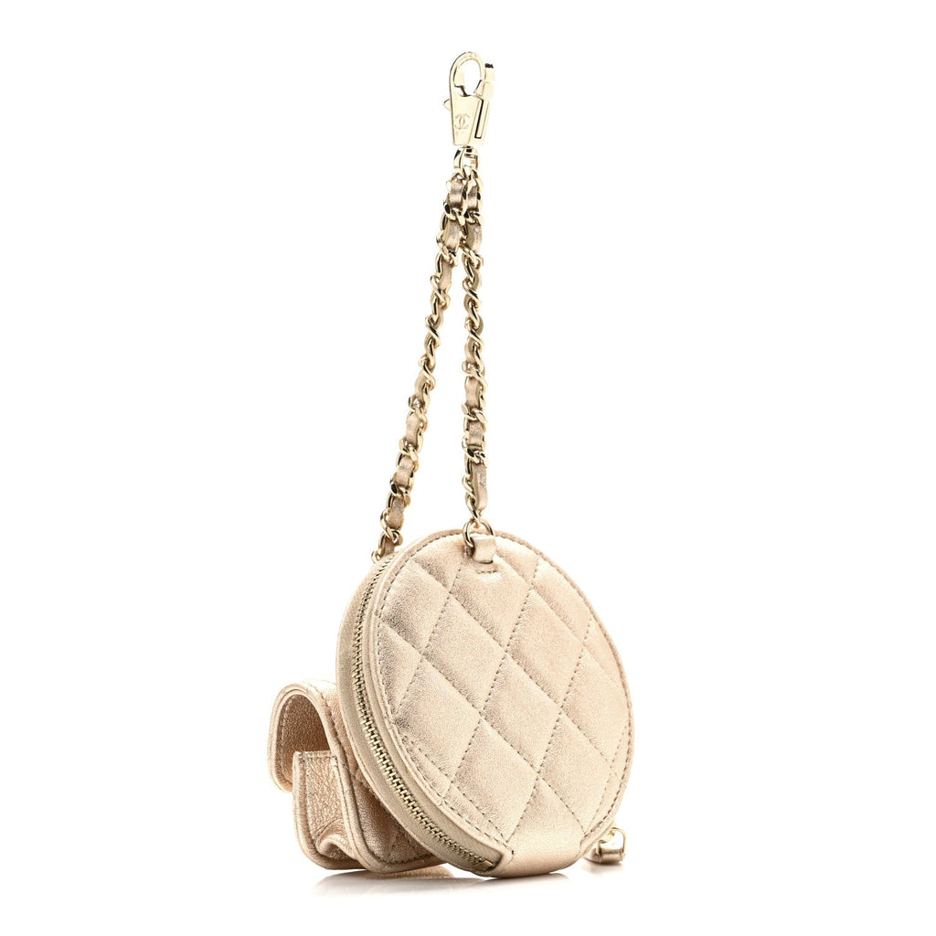 Metallic Lambskin Quilted Round Clip On Coin Purse Airpods Case Gold