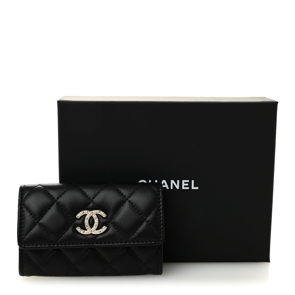 Chanel Shiny Lambskin Quilted Textured CC Card Holder Black