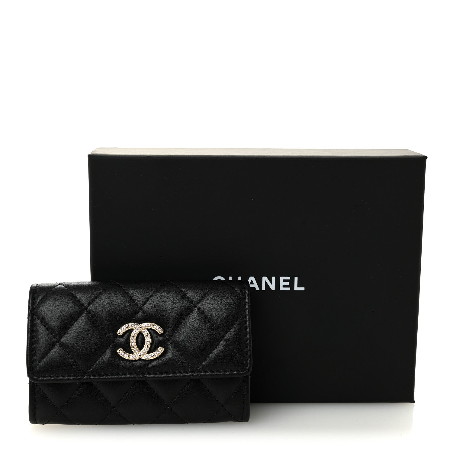 Chanel Shiny Lambskin Quilted Textured CC Card Holder Black