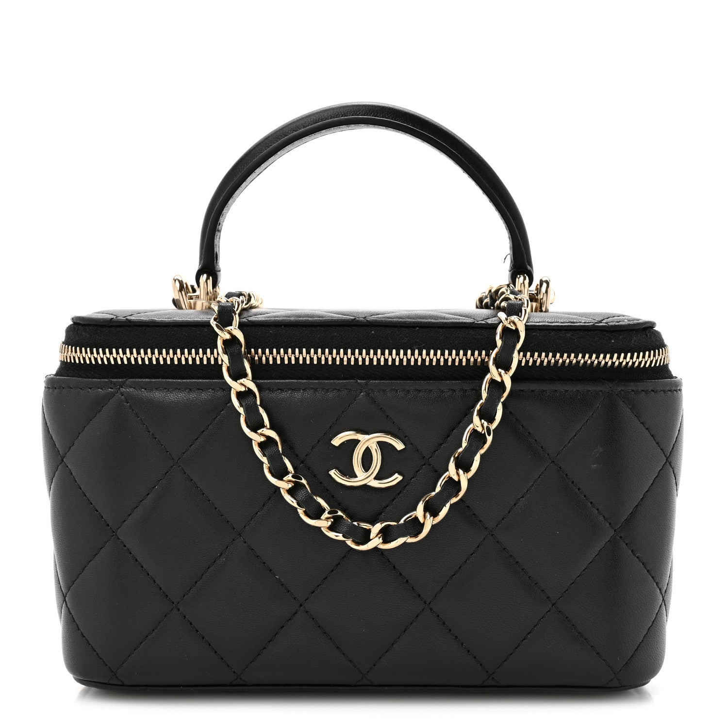 Chanel Lambskin Quilted Small Top Handle Vanity Case With Chain Black