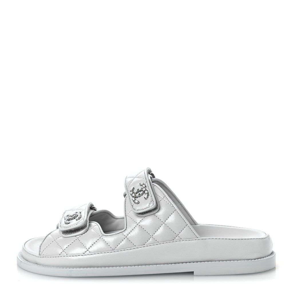 Laminated Lambskin Quilted Velcro Dad Chain CC Slide Sandals 37.5 Light Blue