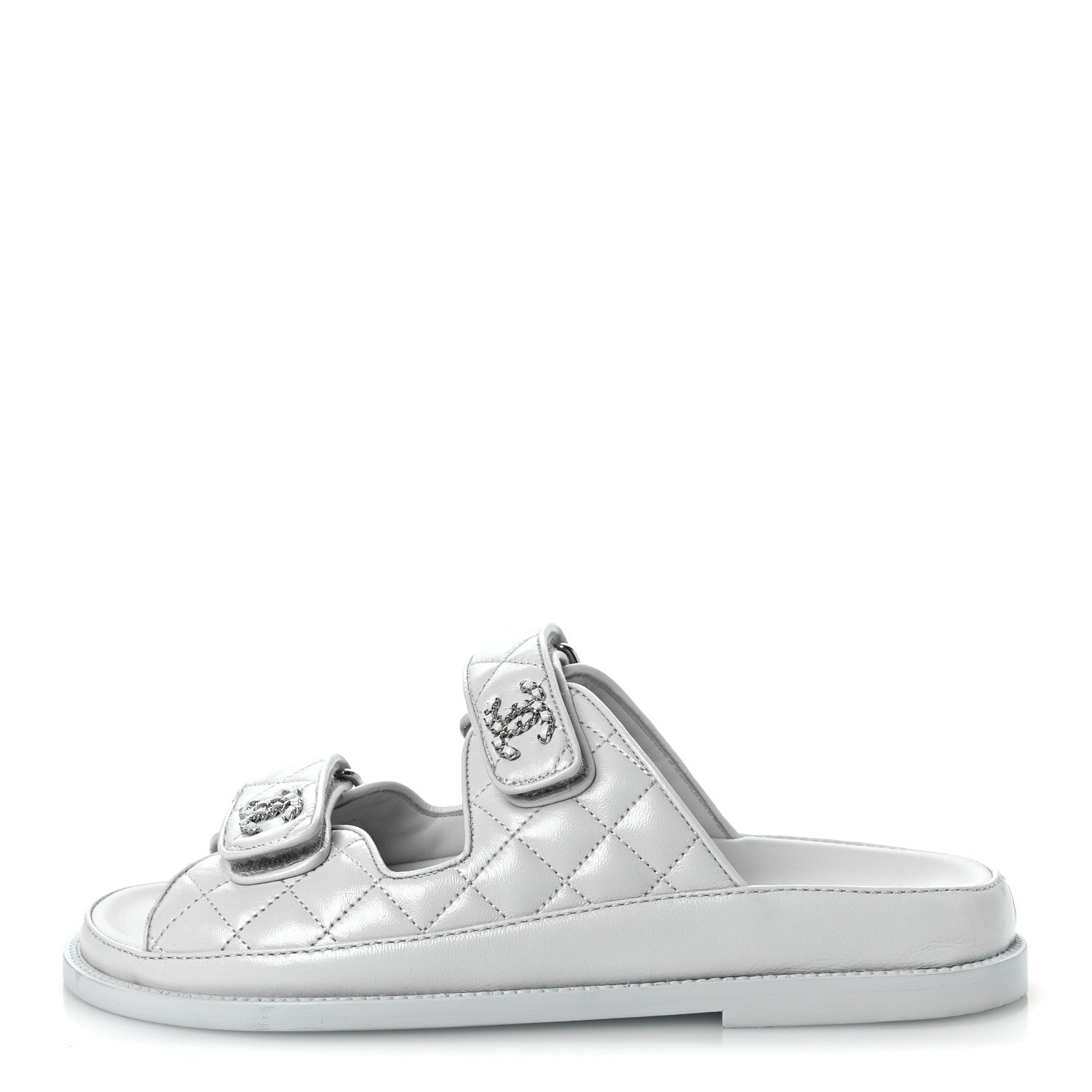 Laminated Lambskin Quilted Velcro Dad Chain CC Slide Sandals 37.5 Light Blue