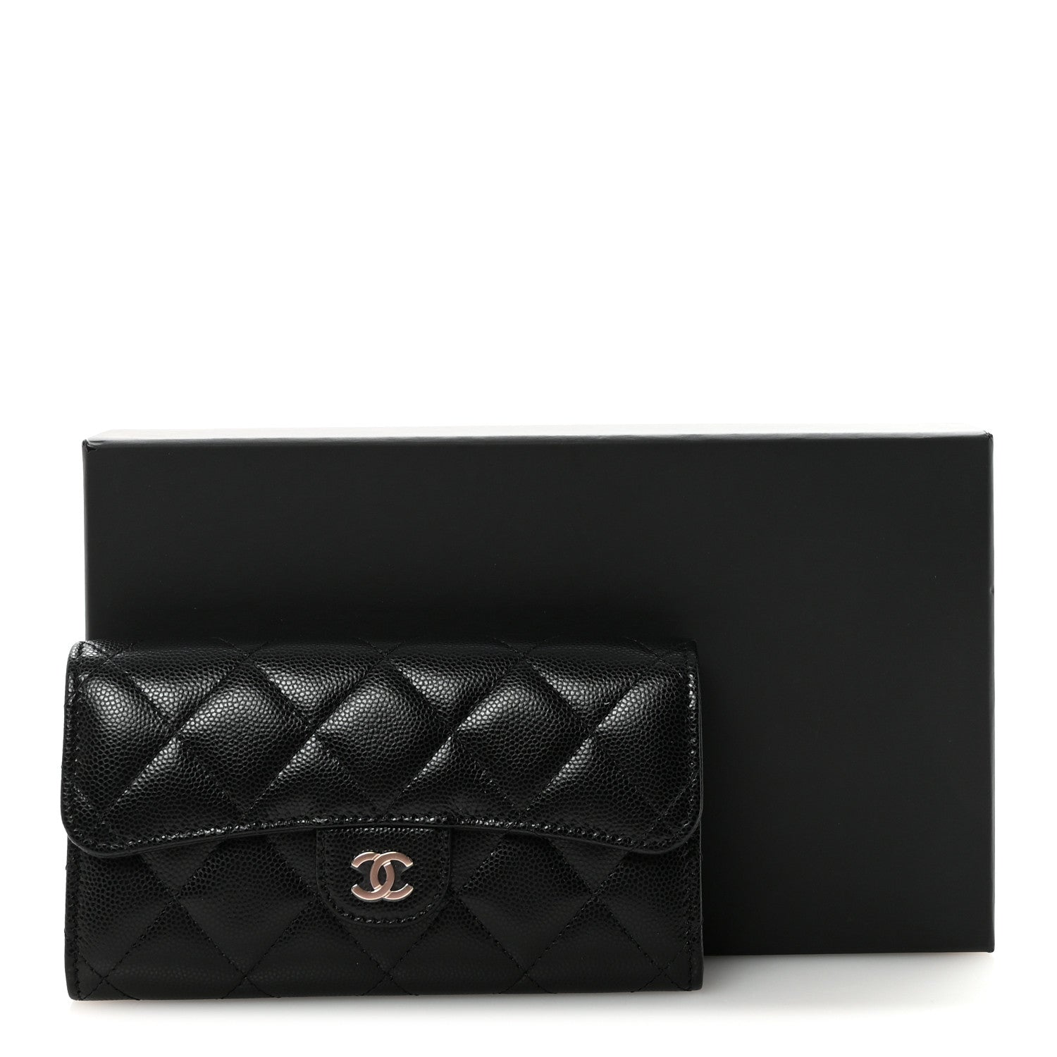 Caviar Quilted Medium Gusset Flap Wallet Black