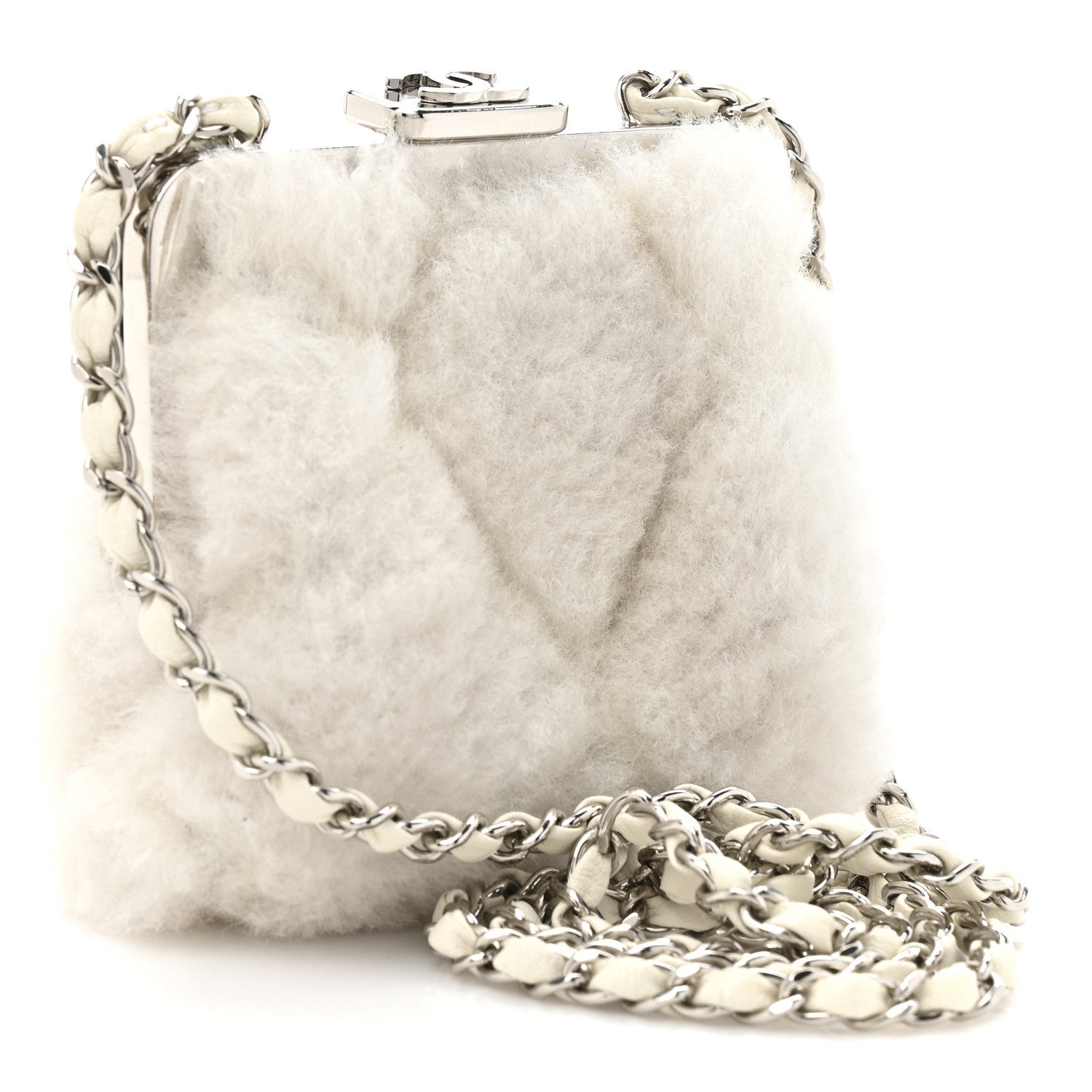 Chanel Shearling Sheepskin Lambskin Quilted Clutch With Chain White