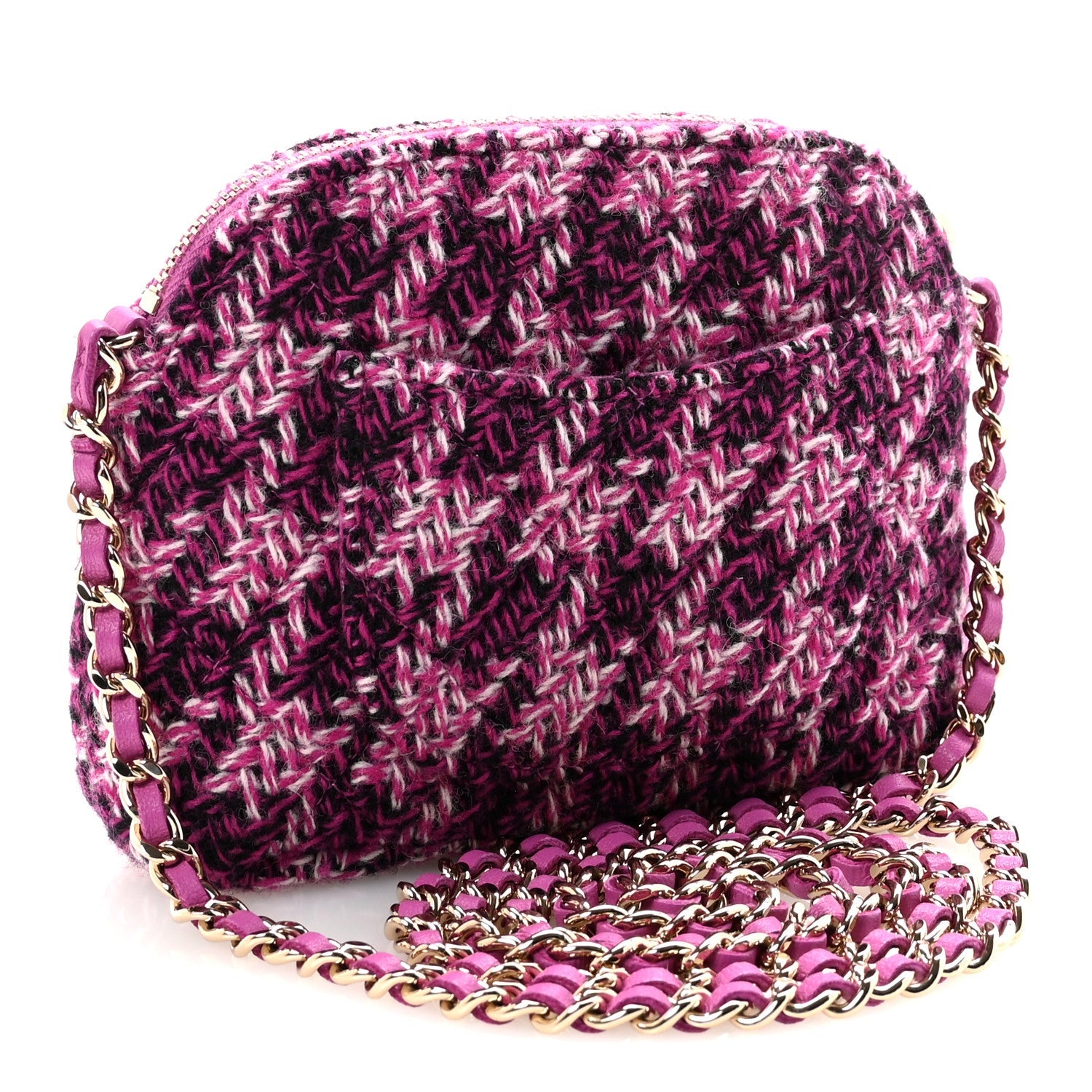 Chanel Tweed Quilted Mini Clutch With Chain Purple