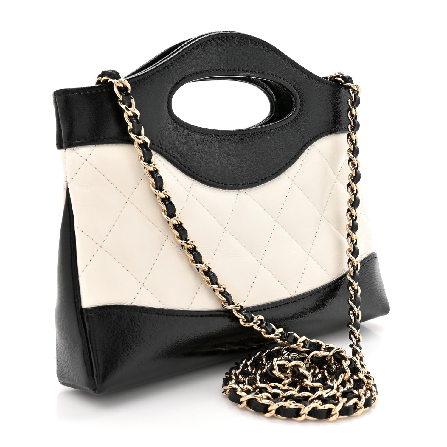 Chanel Shiny Crumpled Calfskin Quilted Nano 31 Shopping Bag White Black