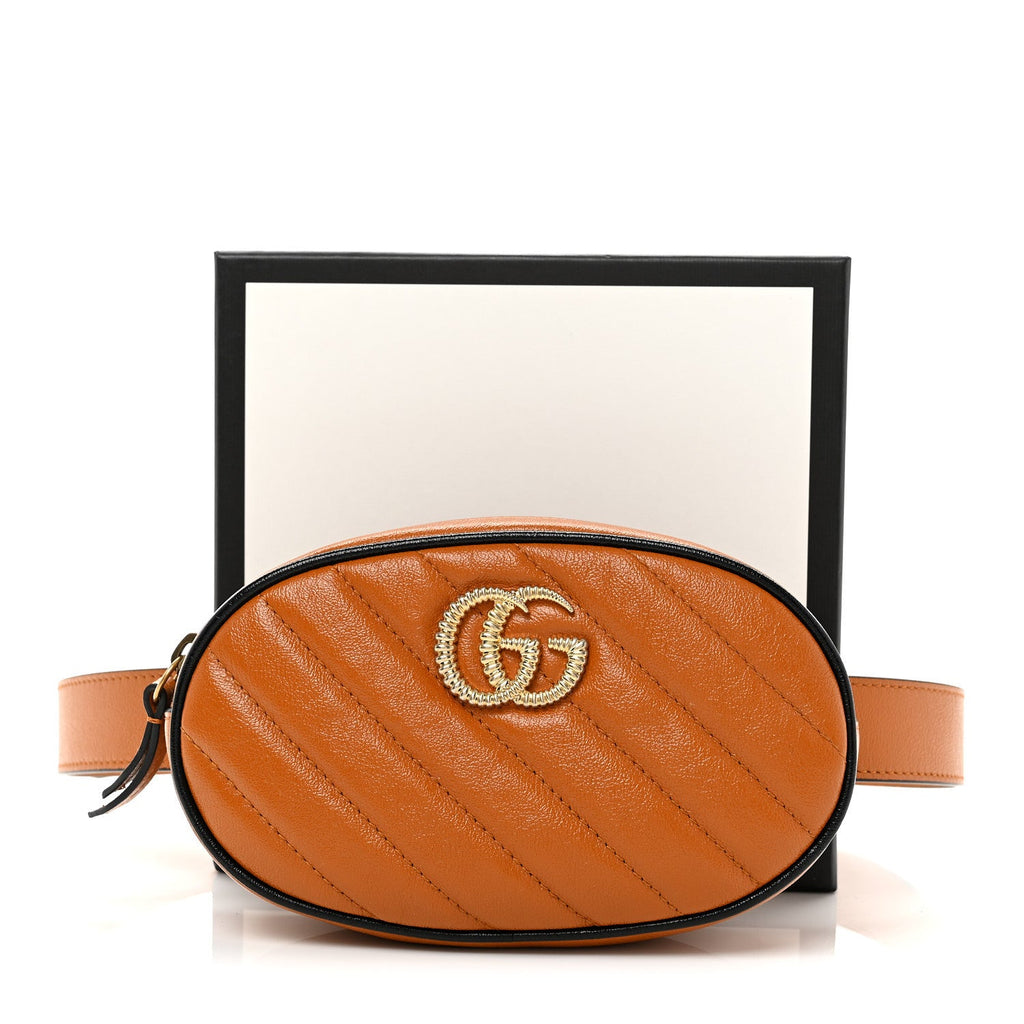 Gucci Vintage Effect Calfskin Matelasse Diagonal Torchon GG Marmont Belt Bag 95 38 Cognac