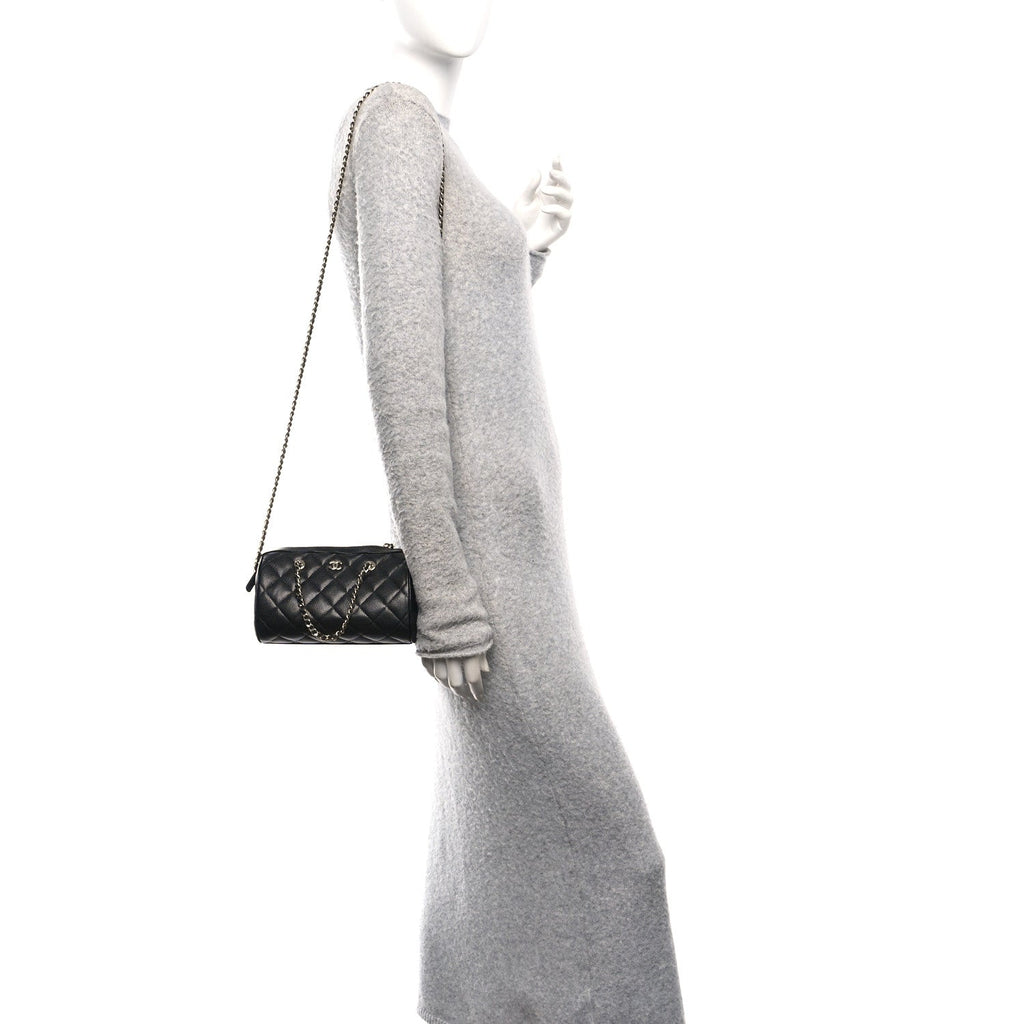 Chanel Caviar Quilted Barrel Clutch With Chain Black