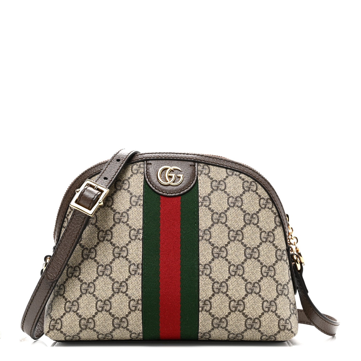 Gucci GG Supreme Monogram Textured Dollar Calfskin Web Small Ophidia Dome Shoulder Bag Beige Ebony New Acero