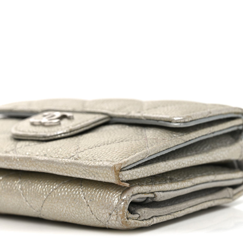 Metallic Caviar Quilted Double Flap Wallet Silver