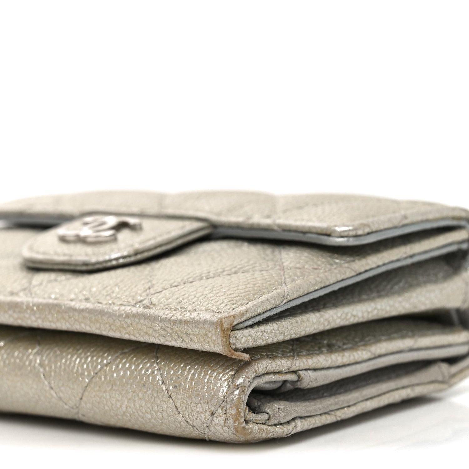 Metallic Caviar Quilted Double Flap Wallet Silver