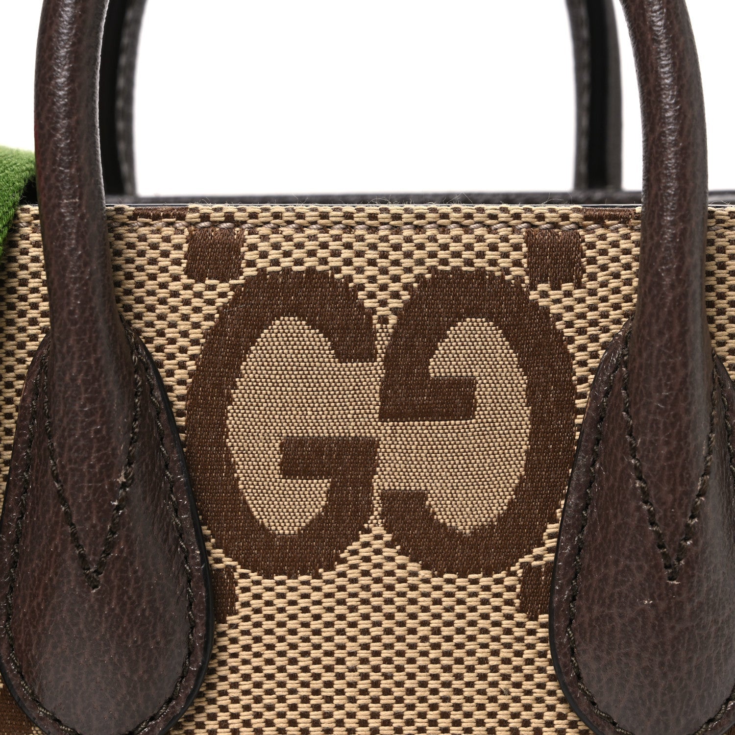 Gucci Monogram Jumbo GG Textured Dollar Calfskin Web Mini Vertical Tote Camel Ebony New Acero