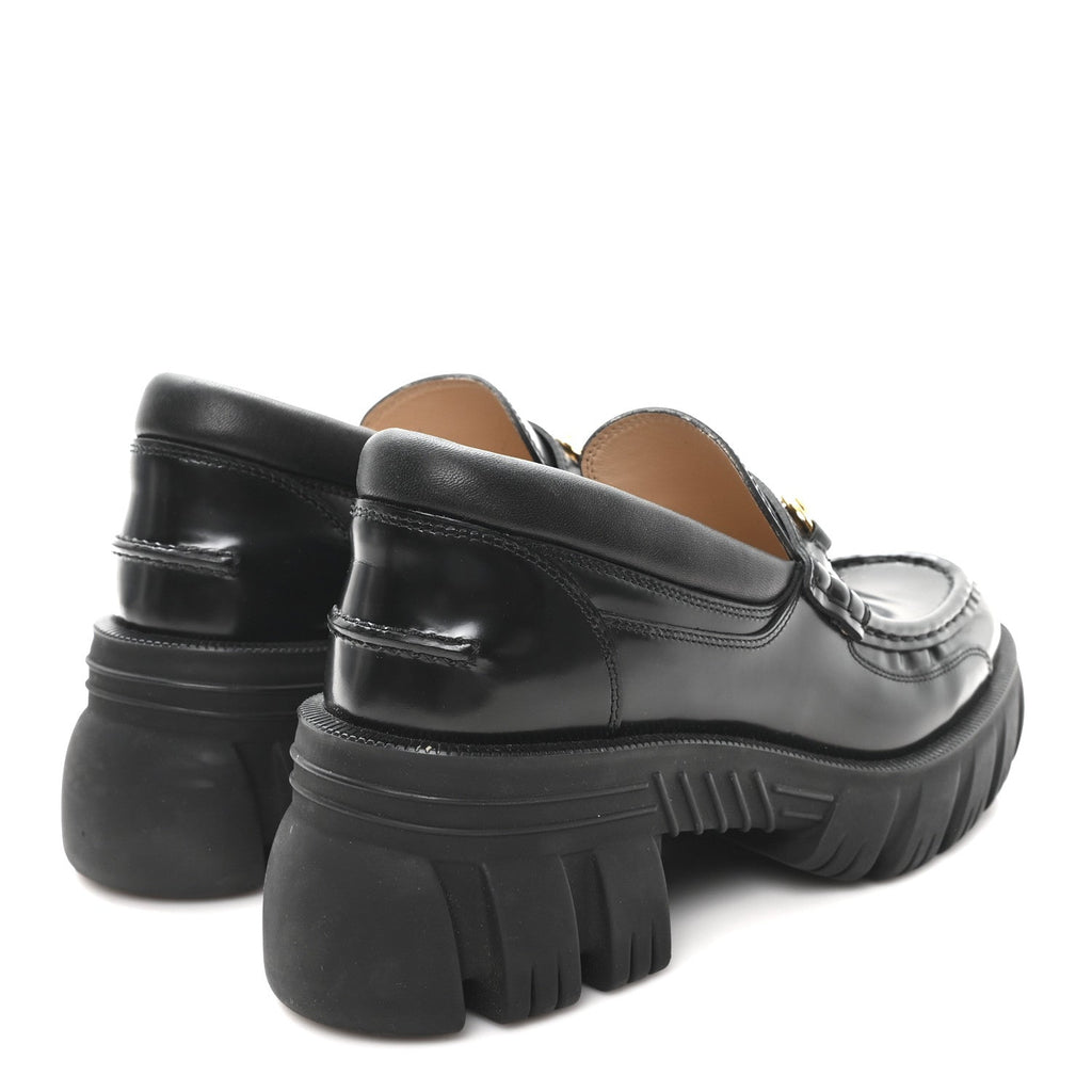 Gucci Magnum Calfskin Nappa Samoa Womens Horsebit Platform Chunky Lug Sole 40mm Loafers 40 Black