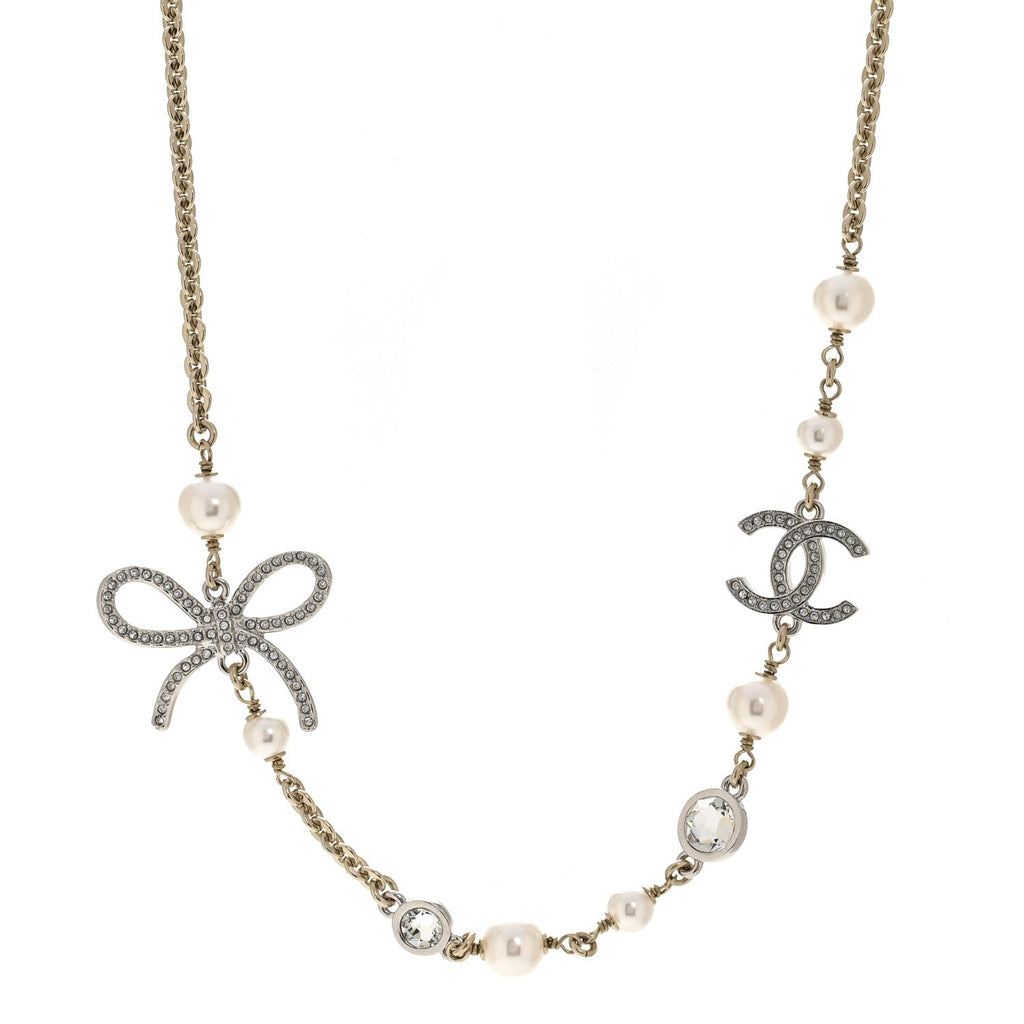 Pearl Crystal CC Bow Necklace Gold