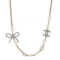 Pearl Crystal CC Bow Necklace Gold