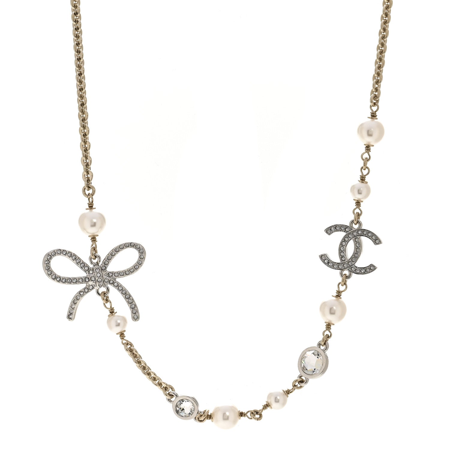 Pearl Crystal CC Bow Necklace Gold
