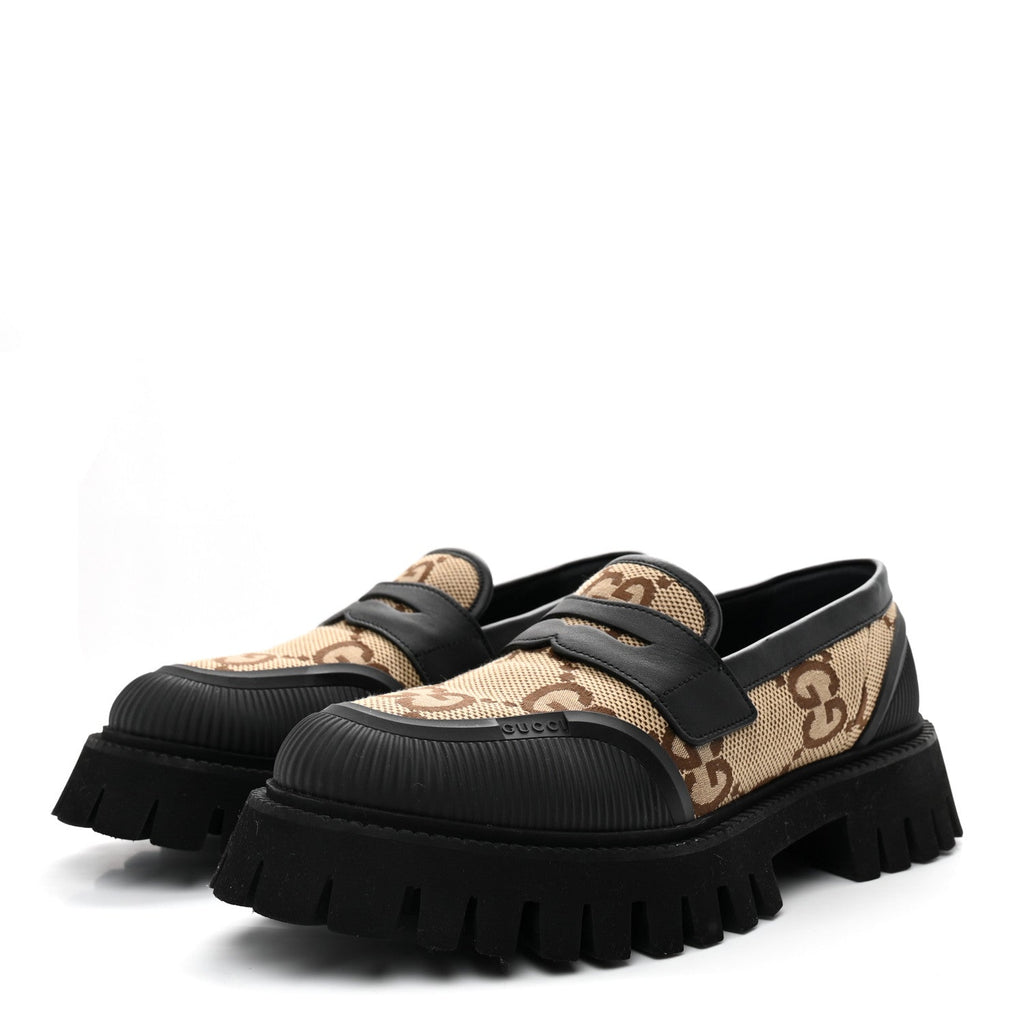 Gucci Monogram Jumbo GG Miro Soft Calfskin Mens Lug Sole Loafers 8.5 Camel Ebony Black