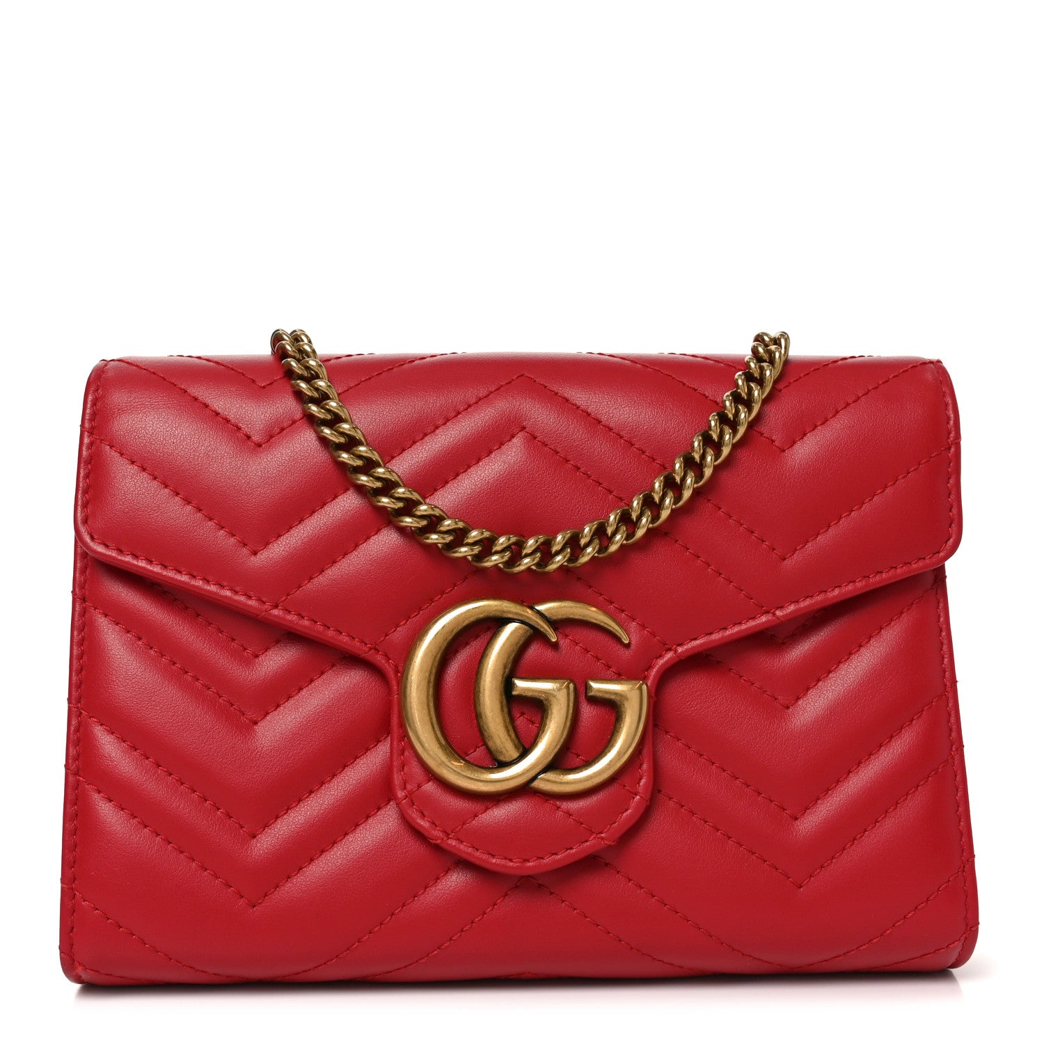 Gucci Calfskin Matelasse GG Marmont Chain Wallet Hibiscus Red