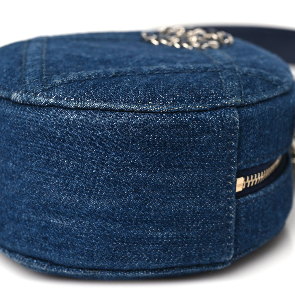 Chanel Denim Quilted Chanel 19 Round Clutch With Chain Blue