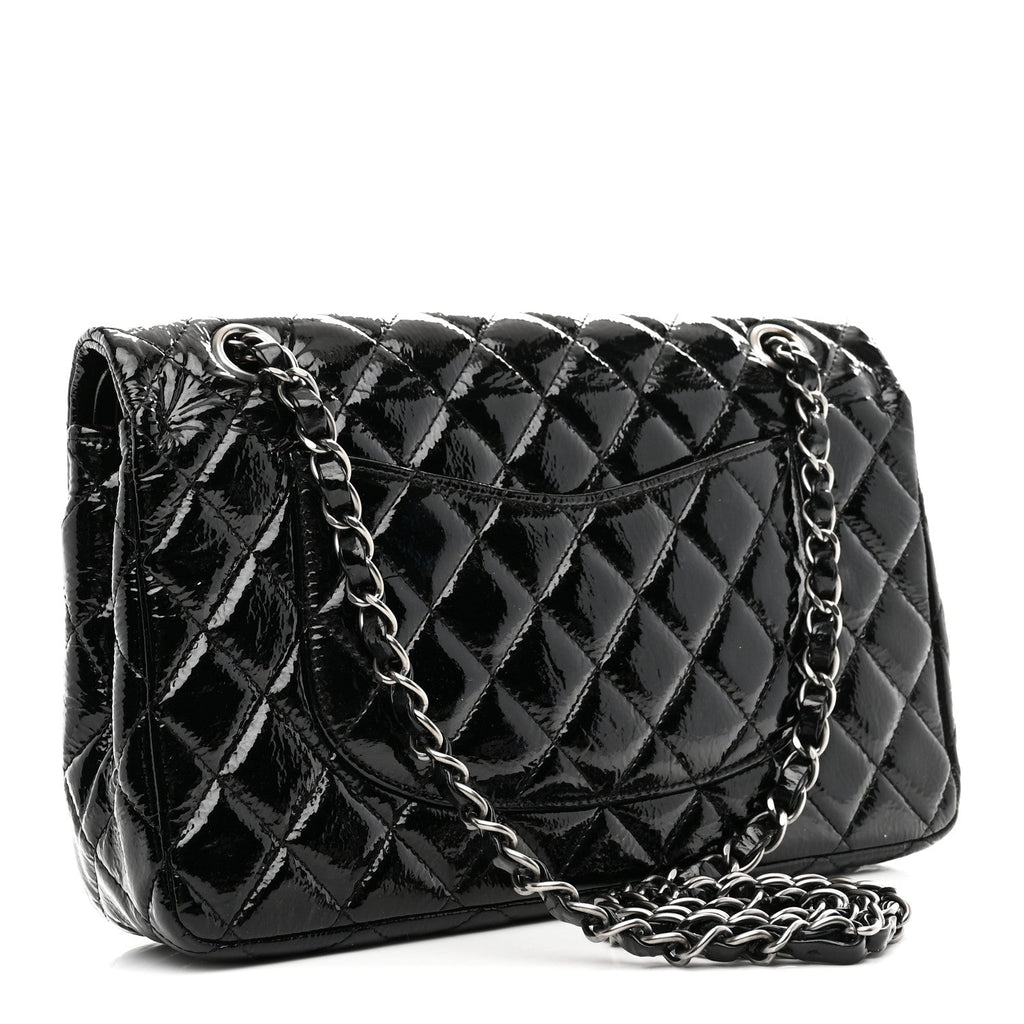 Chanel Distressed Patent Quilted Medium Double Flap Black