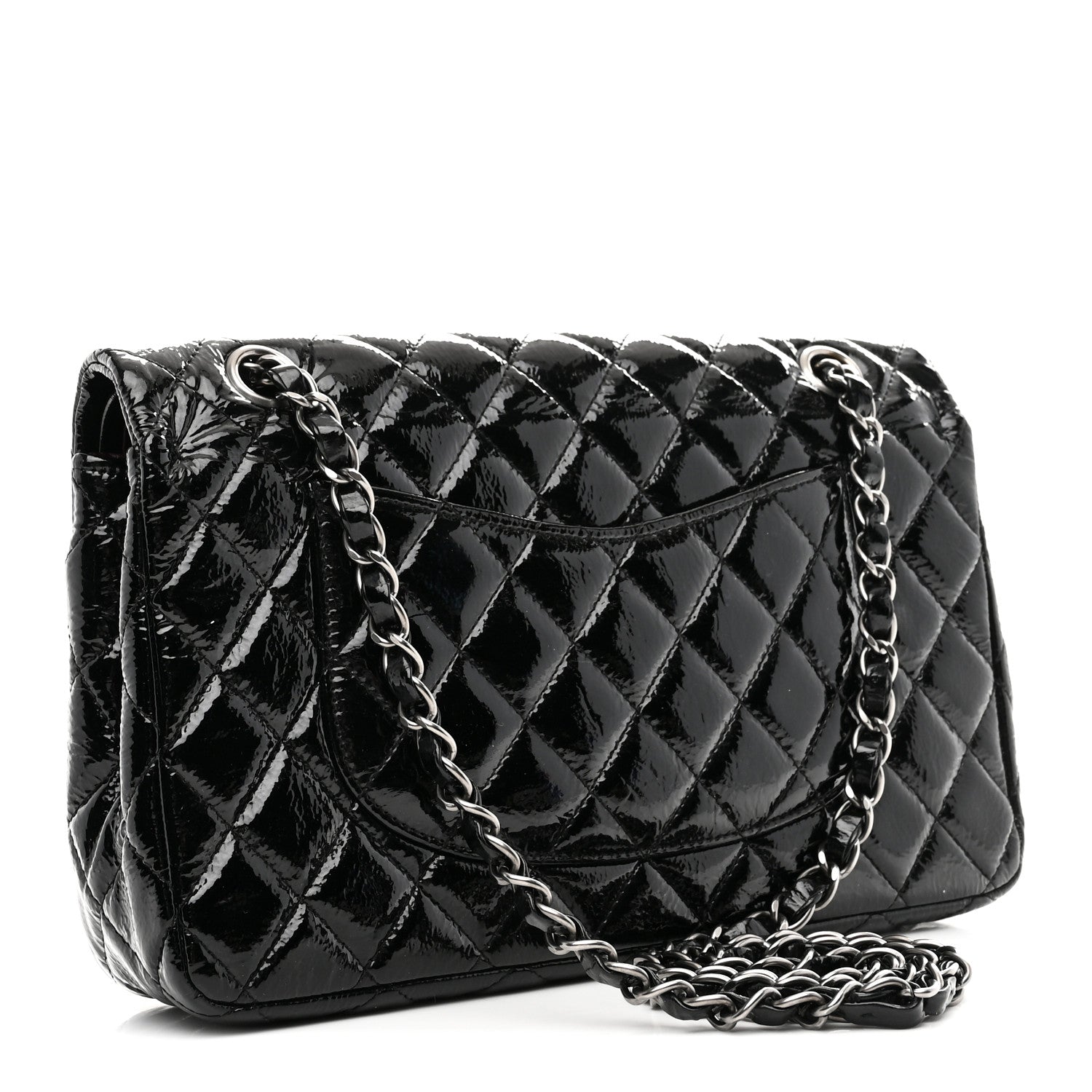 Chanel Distressed Patent Quilted Medium Double Flap Black