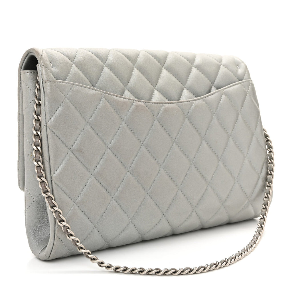 Chanel Metallic Lambskin Quilted Clutch With Chain Flap Silver