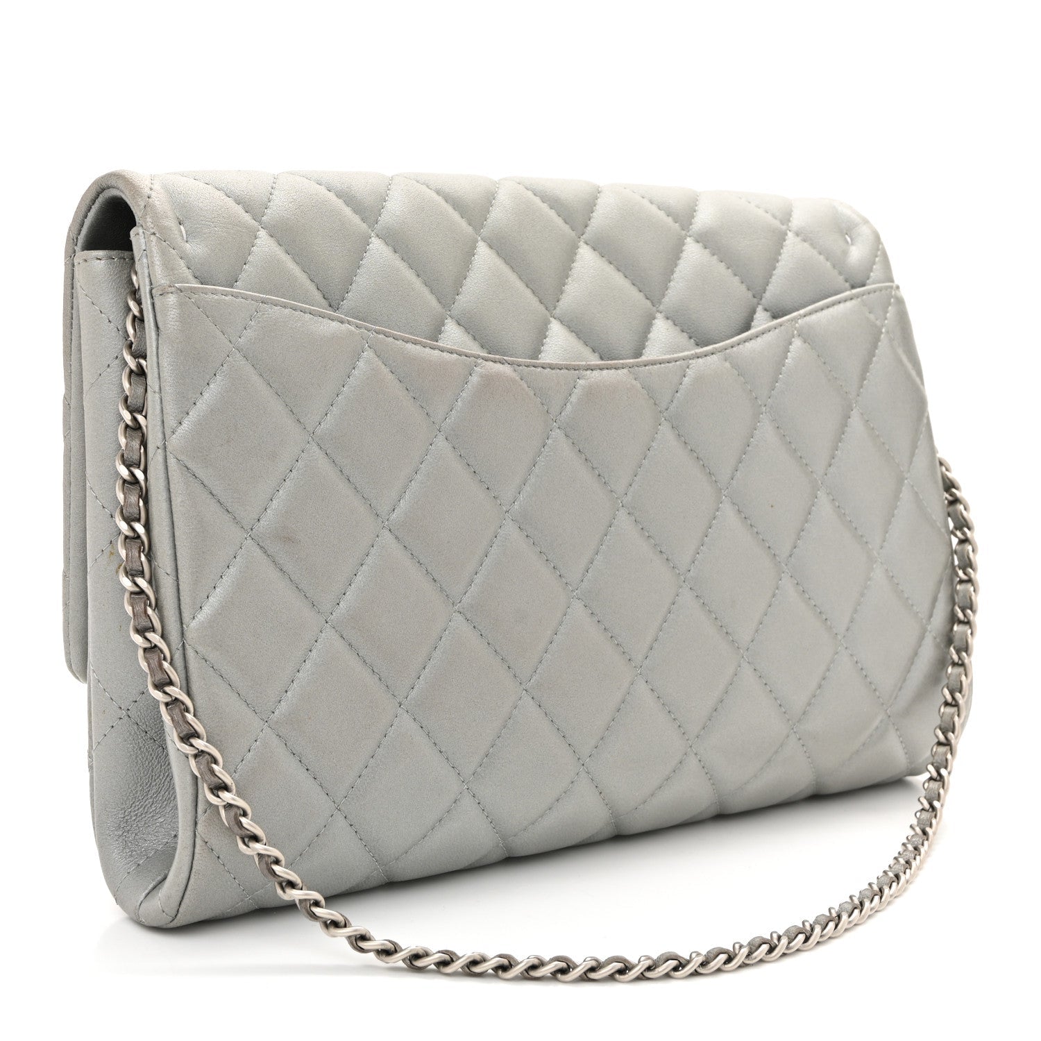 Chanel Metallic Lambskin Quilted Clutch With Chain Flap Silver